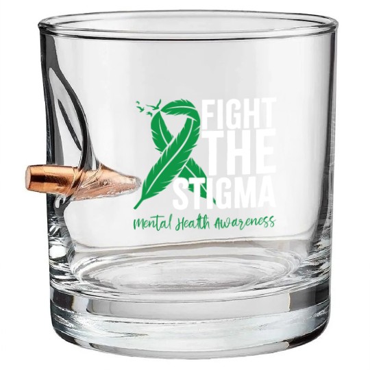 Fight The Stigma Green Ribbon Mental Health Bullet Whiskey Glasses
