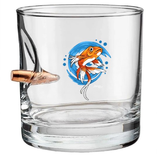 Carp Koi Fish on Blue waves green Bullet Whiskey Glasses