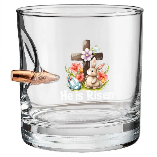 He Is Risen Cute Bunny Christianity Cross Bullet Whiskey Glasses