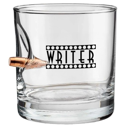 Writer with Showbiz Film Tape Border Bullet Whiskey Glasses