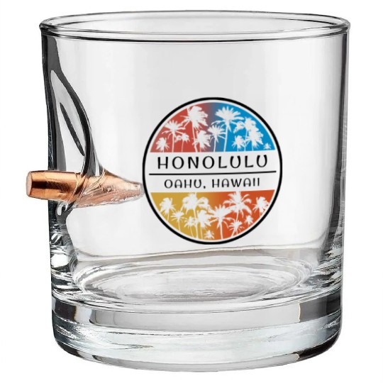 Honolulu Oahu Hawaii Hawaiian Islands Palm Tree Bullet Whiskey Glasses