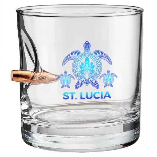 Vintage St. Lucia Ocean Blue Sea Turtle Souvenirs Bullet Whiskey Glasses