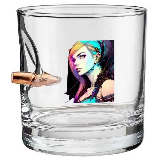 Neon Dreams A Cyberpunk Girl with Orange Teal Hair Bullet Whiskey Glasses
