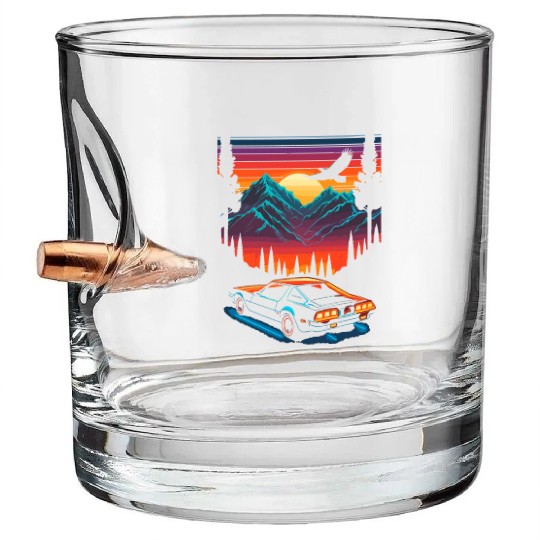 1980s Muscle Car and Retro Neon Mountain Sunset Bullet Whiskey Glasses