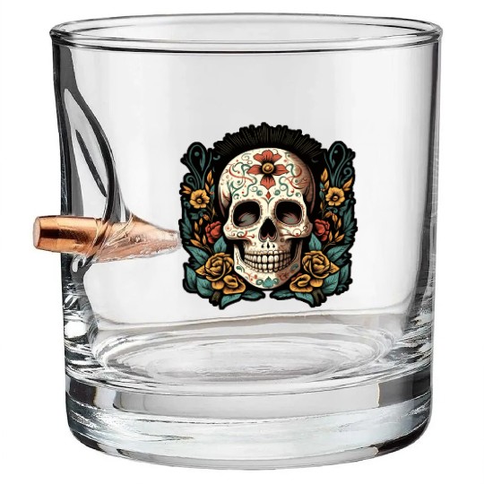 Skull Dia de los Muertos Halloween Tattoo Bullet Whiskey Glasses
