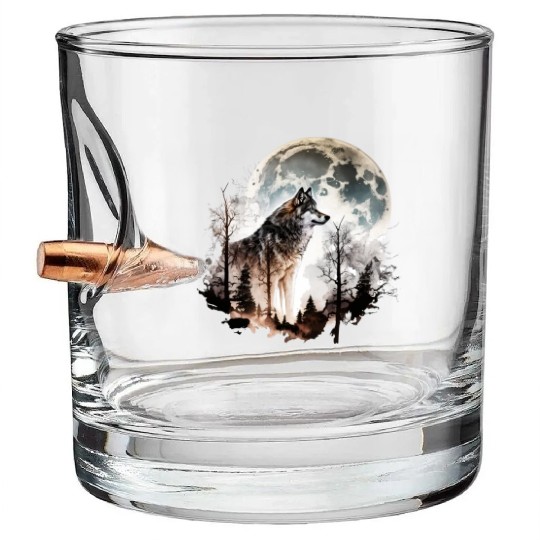 Wolf Moonlight Forest Wild Werewolf Watercolor 5 Bullet Whiskey Glasses