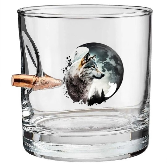 Wolf Moonlight Forest Wild Werewolf Watercolor 1 Bullet Whiskey Glasses