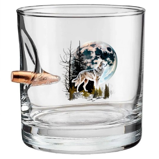Wolf Moonlight Forest Wild Werewolf Watercolor 2 Bullet Whiskey Glasses