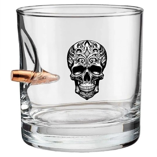 Skull Dia de los Muertos Halloween Tattoo Rose Bullet Whiskey Glasses