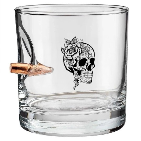 Skull Dia de los Muertos Halloween Tattoo Rose Bullet Whiskey Glasses