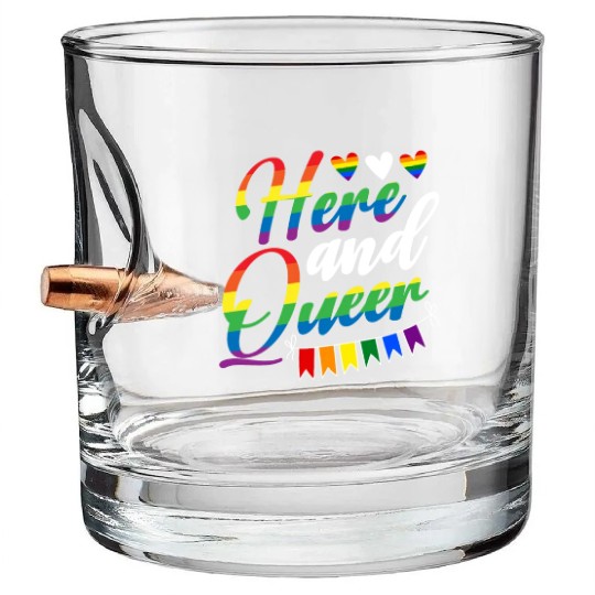 Here And Queer LGBTQ Community Rainbow Pride Month Bullet Whiskey Glasses