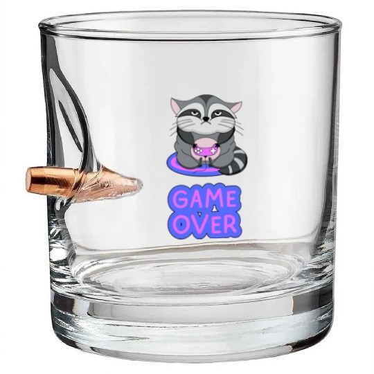 Game Over fat wicked raccoon playing on a console Bullet Whiskey Glasses