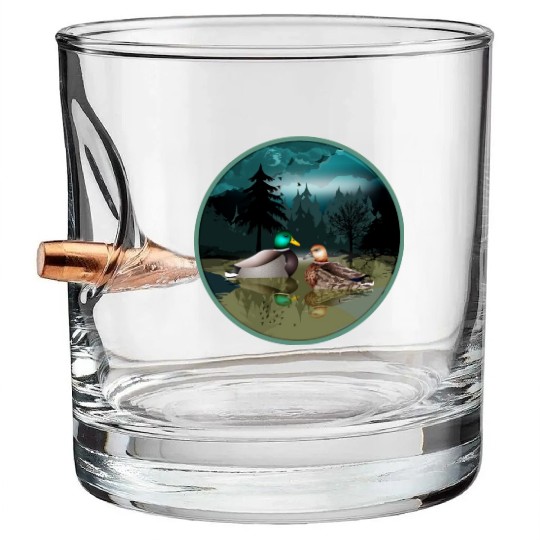 Duck couple in the duck pond at night & moonlight Bullet Whiskey Glasses