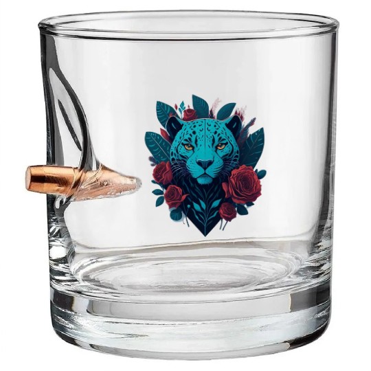 cute jaguar with red flowers Bullet Whiskey Glasses