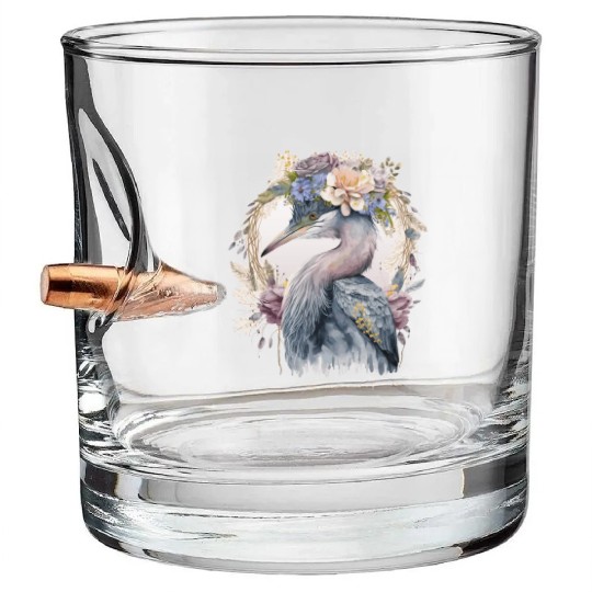 Watercolor Heron Freshwater Bird Watching Flower C Bullet Whiskey Glasses