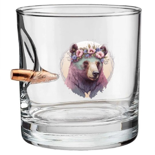 Cute Watercolor Grizzly Bear Flower Crown Floral A Bullet Whiskey Glasses
