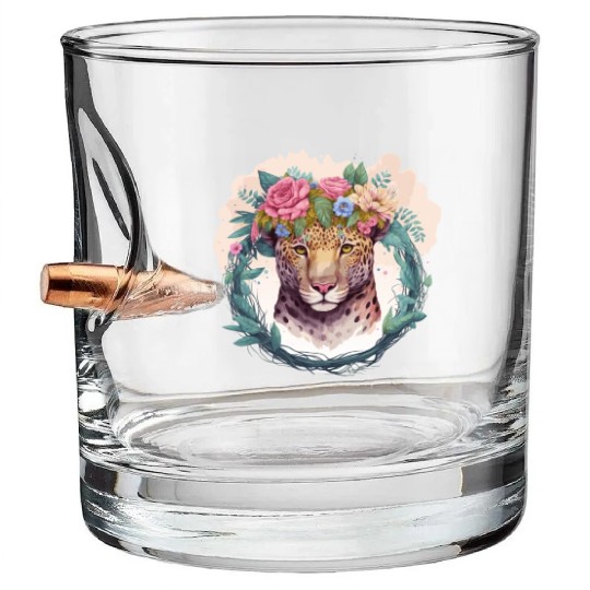 Jaguar Flower Crown Floral Watercolor Bullet Whiskey Glasses