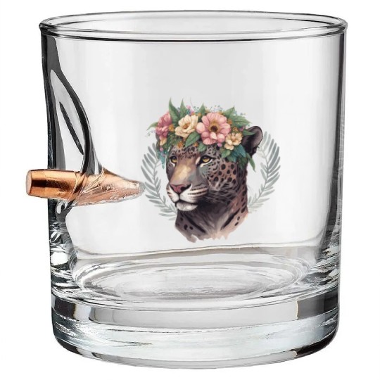 Watercolor Jaguar Flower Crown Wild Cat Lover Bullet Whiskey Glasses