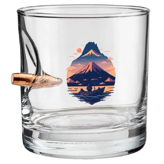 Serene Mount Fuji Sunset Peaceful River Scenery Bullet Whiskey Glasses