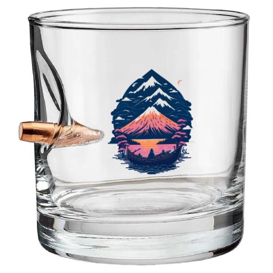 Serene Mount Fuji Sunset Peaceful River Scenery Bullet Whiskey Glasses