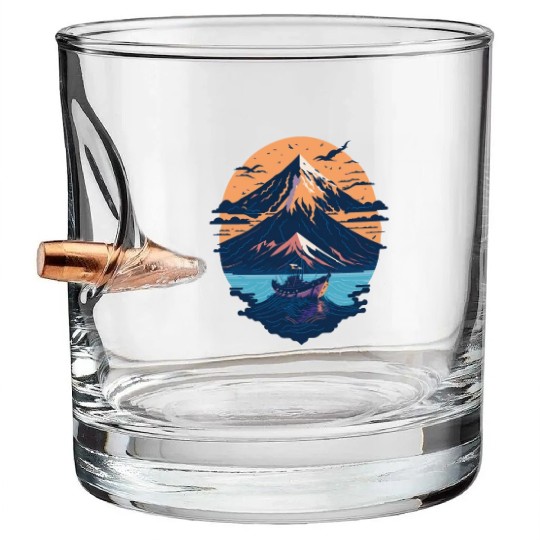 Serene Mount Fuji Sunset Peaceful River Scenery Bullet Whiskey Glasses