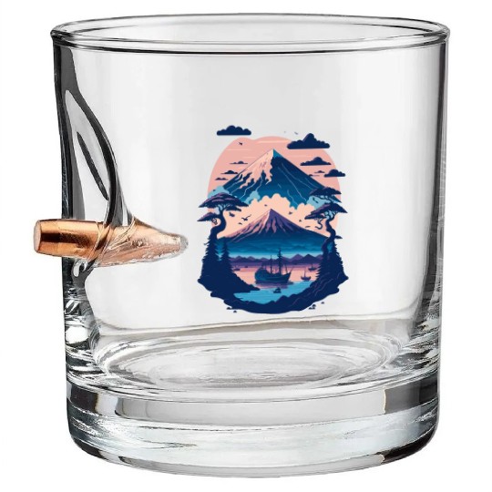Serene Mount Fuji Sunset Peaceful River Scenery Bullet Whiskey Glasses