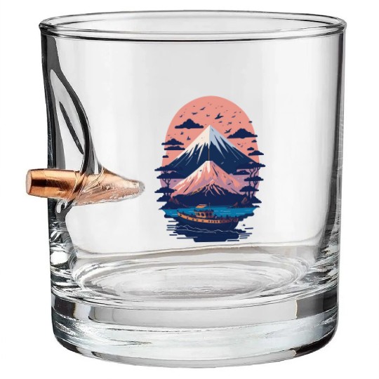 Serene Mount Fuji Sunset Peaceful River Scenery Bullet Whiskey Glasses