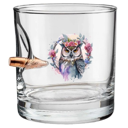 Watercolor Owl Flower Crown Artistic Floral Birds Bullet Whiskey Glasses