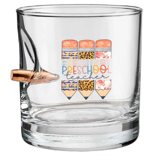 Preschool Teacher Funny Leopard Pencil Back To Sch Bullet Whiskey Glasses