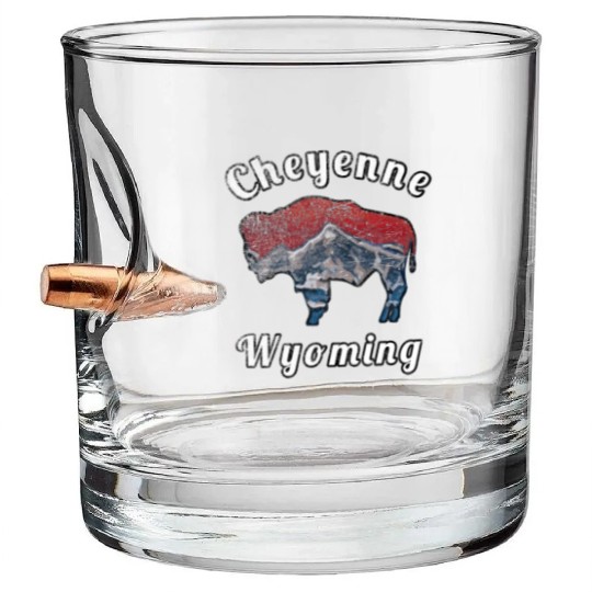 Cheyenne Wyoming With Flag Themed Mountain Scenery Bullet Whiskey Glasses