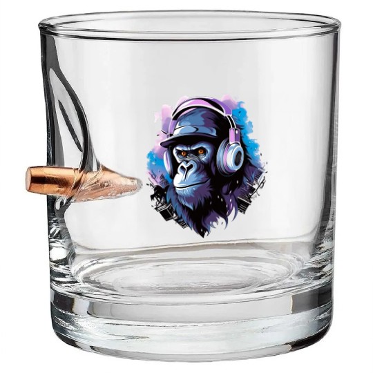 Gorilla with Headphones Music Monkey Bullet Whiskey Glasses