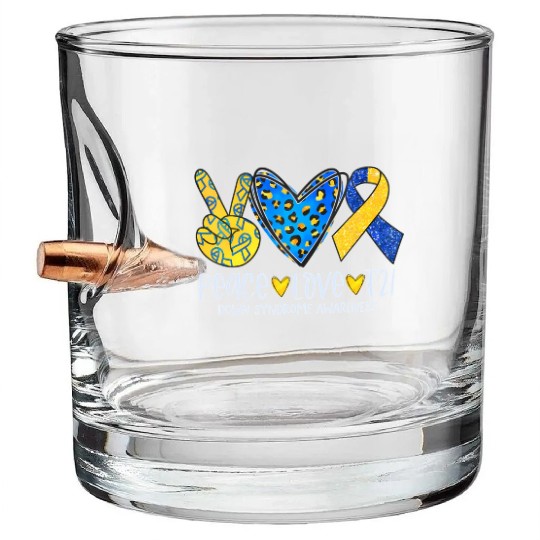 Peace Love T21 Blue Yellow Ribbon Down Syndrome Aw Bullet Whiskey Glasses