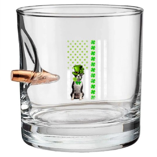 American Flag Boston Terrier Dog St Patric Day Bullet Whiskey Glasses