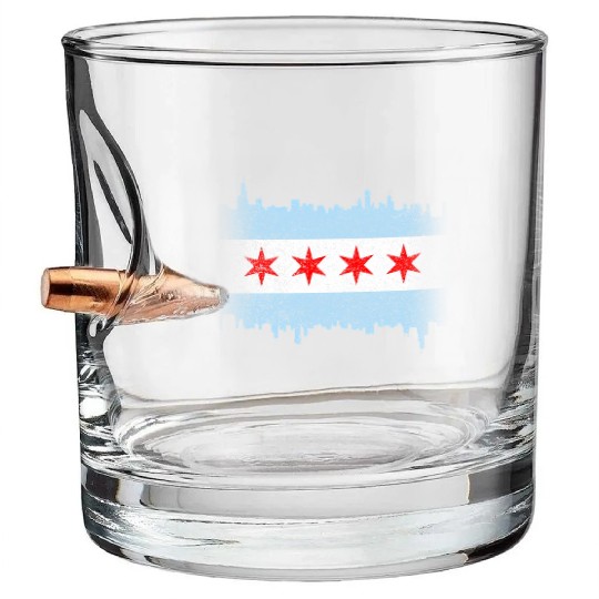 Chicago Flag yline Distressed Bullet Whiskey Glasses