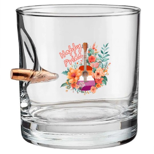 LGBTQ Happy Pride, Retro Guitar & Flowers, Lesbian Bullet Whiskey Glasses