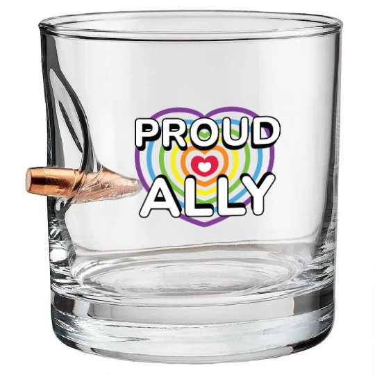 Proud Ally Rainbow Heart LGBTQIA Pride Month v02 Bullet Whiskey Glasses