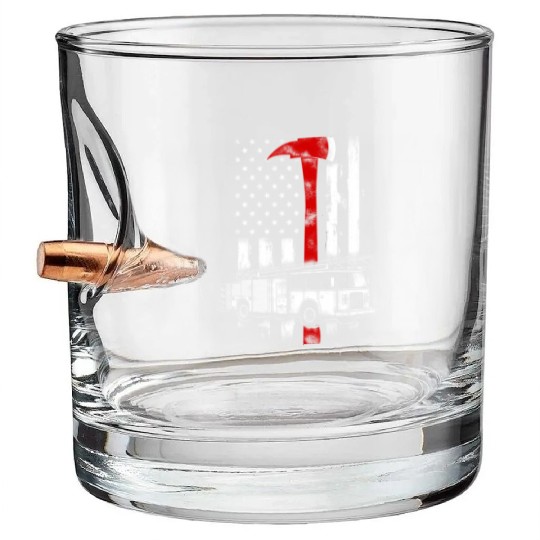 American Firefighter Fire Truck Red Axe Flag Bullet Whiskey Glasses
