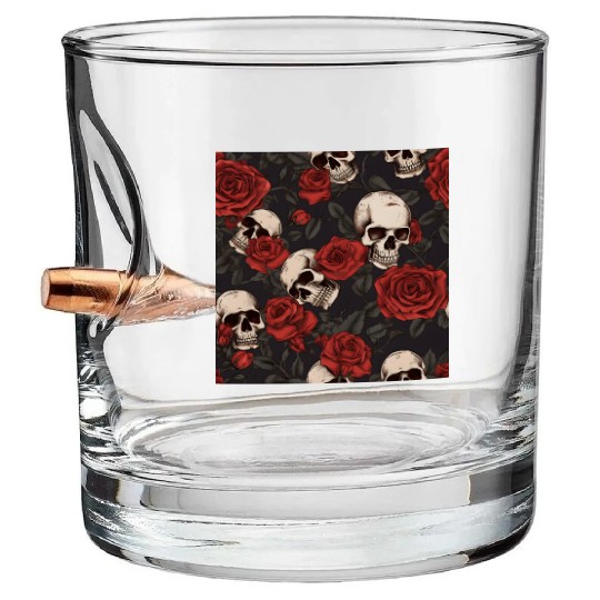 Skulls & Red Roses Dark Gothic Elegant Pattern Bullet Whiskey Glasses