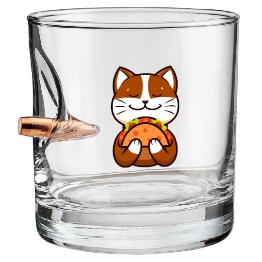 Brown Cat Cartoon Tacos Funny Cute Taco Lover Bullet Whiskey Glasses