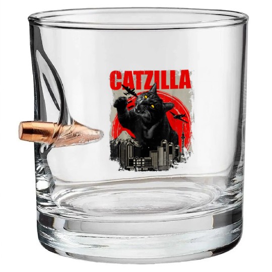 Catzilla Vintage Funny Cute Cat Art Japanese Sunse Bullet Whiskey Glasses