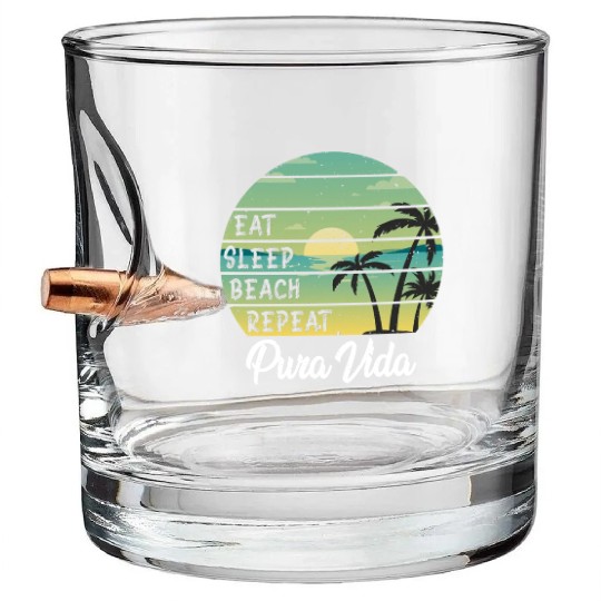 Eat Sleep Beach Repeat Pura Vida Palms Sunset Bullet Whiskey Glasses