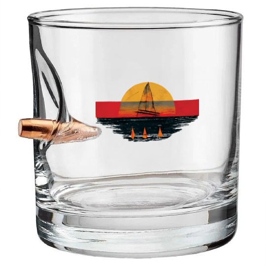Grunge Sailboat Sunset Painting Sailing Bullet Whiskey Glasses
