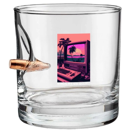 Simulation Over Retro Computer Monitor Vaporwave A Bullet Whiskey Glasses