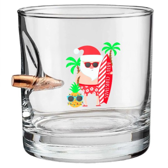 Santa Surfing Hawaiian Beach Christmas In July Bullet Whiskey Glasses