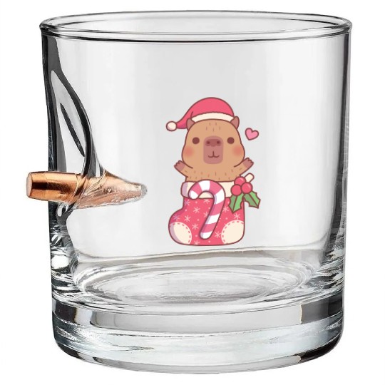 Cute Capybara In Christmas Stocking With Candy Bullet Whiskey Glasses