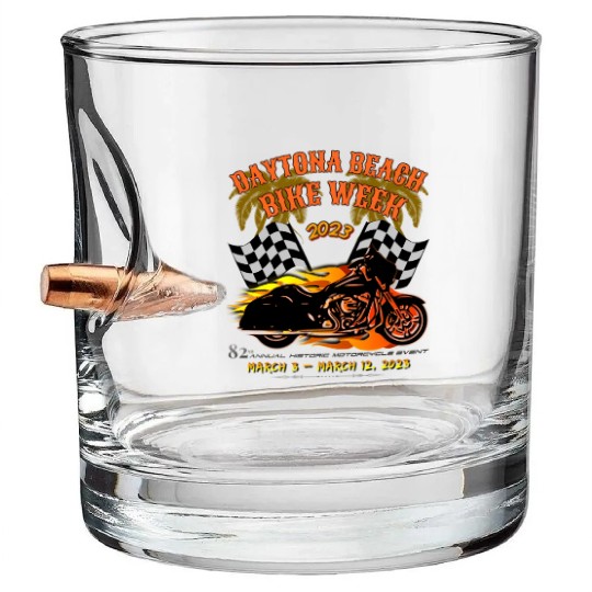 Daytona Beach Bike Week 2023 Checkered Flag Front Bullet Whiskey Glasses