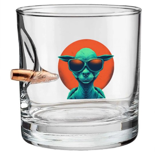 Cool Alien and Lama in Orange and Green Bullet Whiskey Glasses