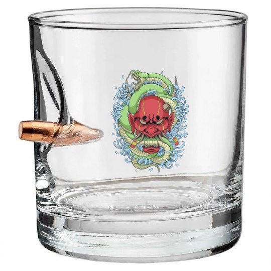 Japanese oni mask with peony flower and greem snak Bullet Whiskey Glasses