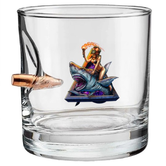 Diver girl retro and angry shark #2 Bullet Whiskey Glasses