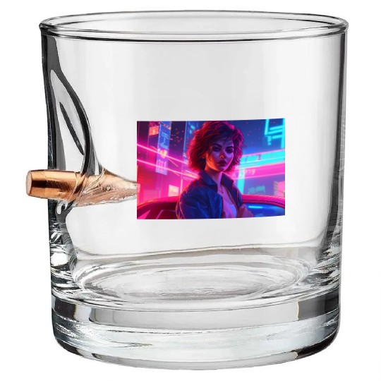 Synthwave Girl - Anime Portrait in Neon Colors Bullet Whiskey Glasses